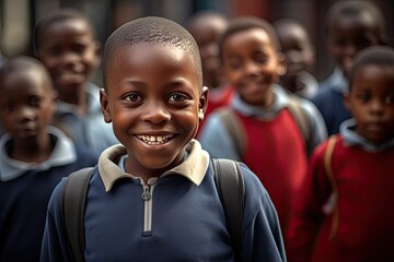 Happy cute black schoolkid with his friends.