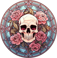 Round stained-glass illustration of a floral skull in a stained glass/mosaic frame. AI-generated art.