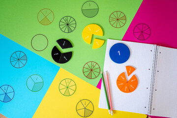 Colorful math fractions, numbers, letters on green magenta background. Interesting, fun, creative...