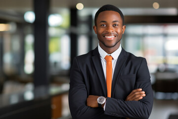 Confident African smiling businessman portrait with folded hand