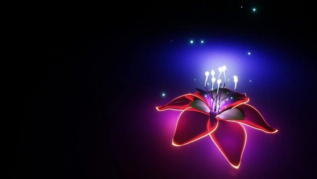 Fantasy Flower Red Petals Glow Illuminate. The red petals have a luminous edge and spore floating in the air. Blue Red Futuristic Theme. 3D Rendering.