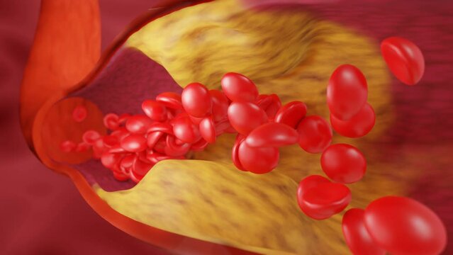 Hyperlipidemia. Blocked artery concept and human blood vessel as a disease with cholesterol fat buildup clogging. Clogged arteries, Cholesterol plaque in the artery. 3D Rendering