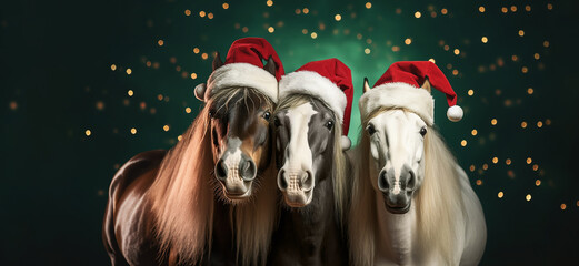 Portrait of three horses in santa hats celebrate christmas on green background