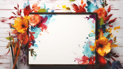 artistic frame with flowers and watercolors. Back to school concept. Generative AI