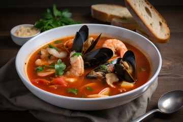 A delightful Bouillabaisse soup is made using close-up shots of the freshest seafood ingredients, set against the backdrop of a bustling fish market in Marseille.