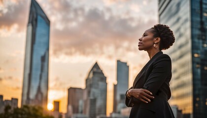 Successful black businesswoman in city at sunset, dreaming of investments