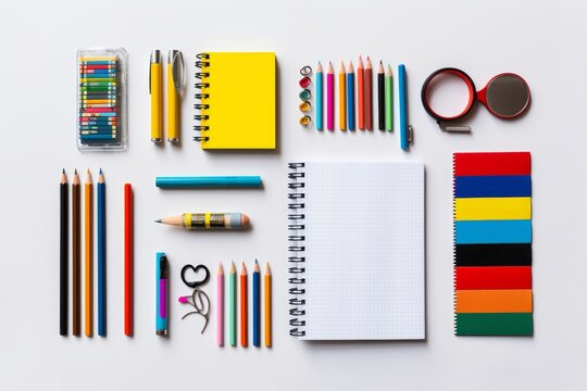 set of stationery and school supplies laying on white table surface ground. isolated on white background. Generative AI