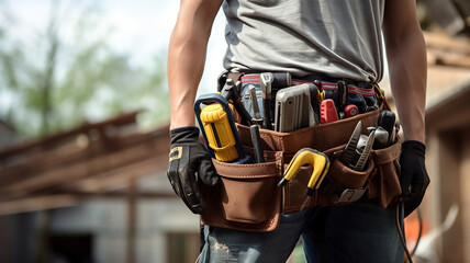 construction professional equipped with a tool belt against a house backdrop