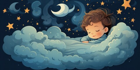 small child is sleeping in soft clouds, surrounded by space, generative AI