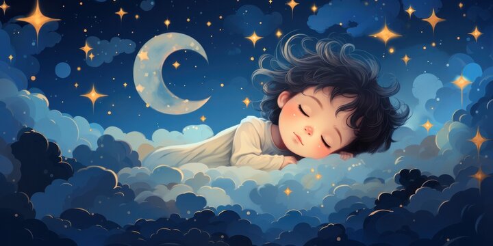 small child is sleeping in soft clouds, surrounded by space, generative AI