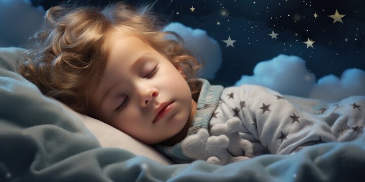 small child is sleeping in soft clouds, surrounded by space, generative AI