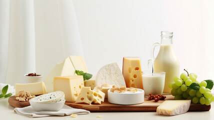 Fototapeta na wymiar variety of assorted cheese types and milk on a bright white kitchen backdrop