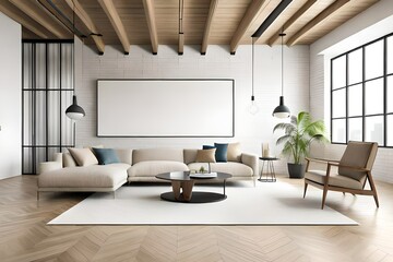 Mockup white wall in loft style house with sofa and accessories in the room. 3d rendering