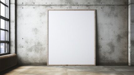 A large blank poster hanging on a string on a cement wall