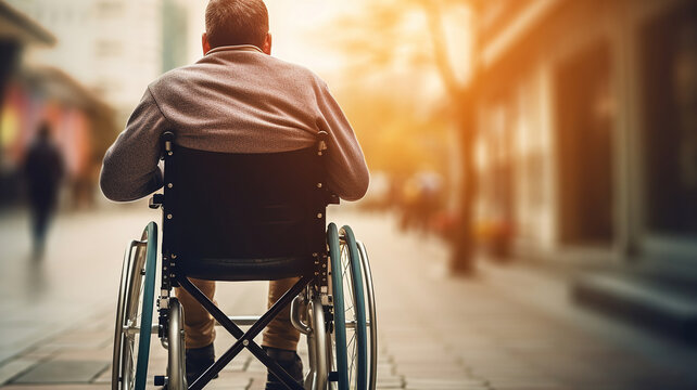 A man in a wheelchair is rolling down the street, the background blurred behind him