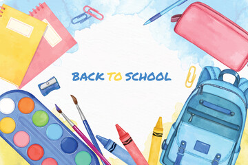 watercolor back to school banner with school supplies in the background, education concept