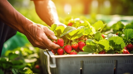 man picking ripe strawberries from a paper box adorned with fresh green leaves