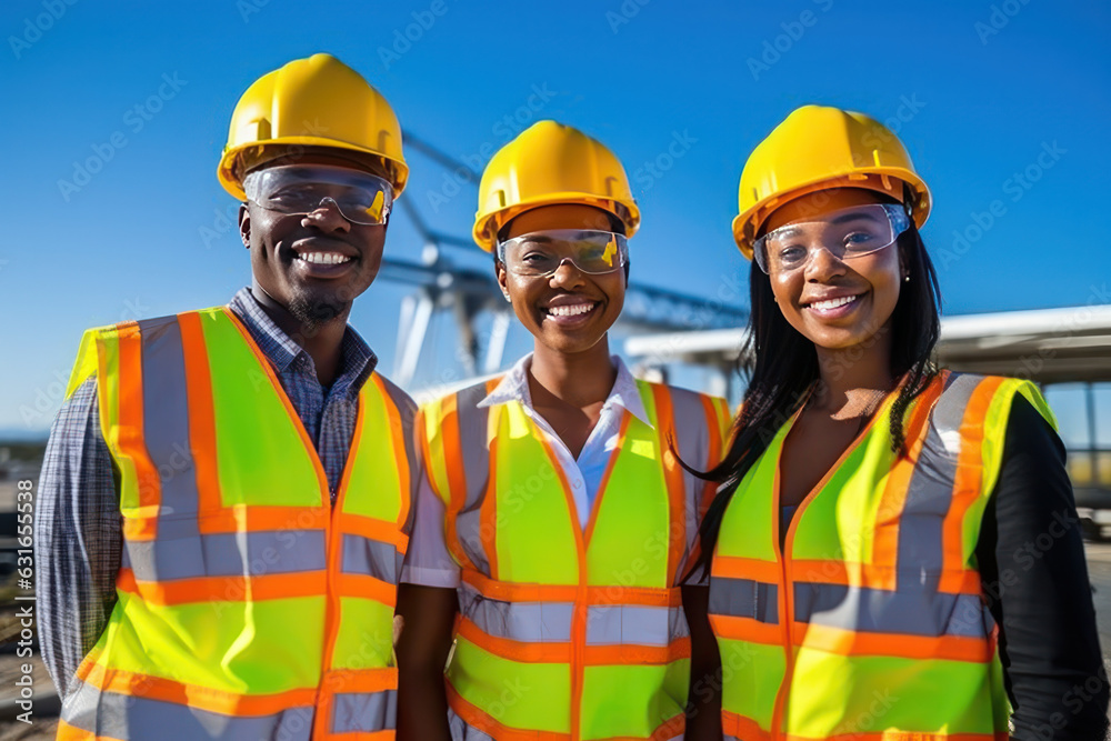 Wall mural Happy African engineers and  team of  construction worker working at construction site