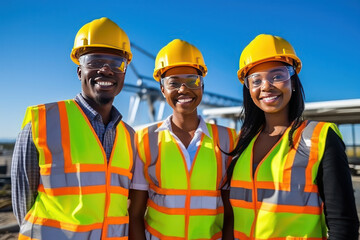 Happy African engineers and  team of  construction worker working at construction site
