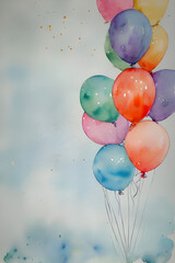 Fun Celebration in the Air: Vibrant Watercolor Illustration of A Bunch Of Colorful Birthday Party Balloons Background Generative Ai