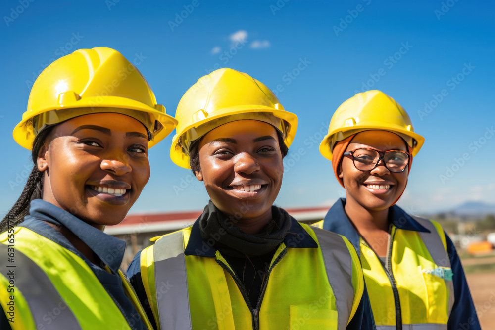 Wall mural happy african engineers and team of construction worker working at construction site