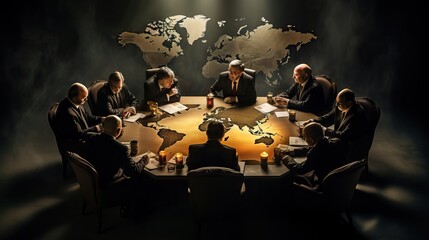 World leaders intensely discussing around a table, with a world map behind, reflecting geopolitical tensions and disputes. Generative AI