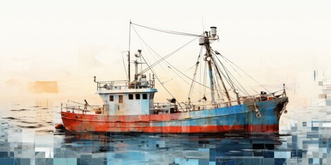 illustration of the fishing boat stopped quietly on the sea, generative AI