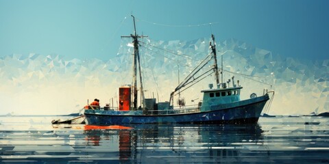 Naklejka premium illustration of the fishing boat stopped quietly on the sea, generative AI
