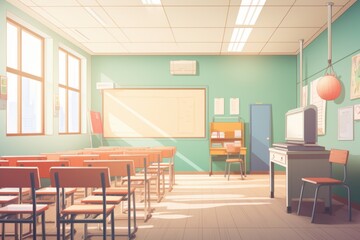 a minimalistic flat design empty school classroom in cartoon anime art style. back to school....