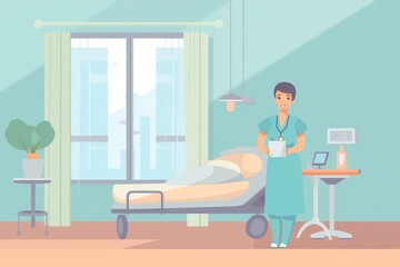 a female nurse doctor in hospital clinic medicine room with uniform. minimalistic cartoonish flat design with blue and green pastel colors. Generative AI