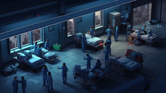 A poignant scene in a hospital packed with patients, with doctors and nurses visibly fatigued, symbolizing the relentless battle against the virus. Generative AI