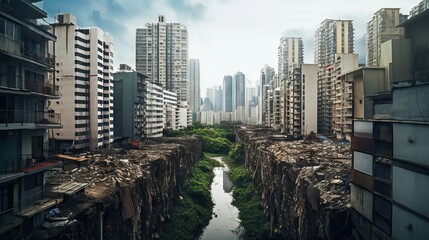 Obraz premium A stark contrast of impoverished neighborhoods overshadowed by towering skyscrapers, illustrating the widening gap between the rich and the poor. Generative AI