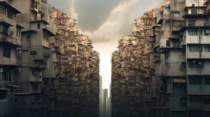 A stark contrast of impoverished neighborhoods overshadowed by towering skyscrapers, illustrating the widening gap between the rich and the poor. Generative AI