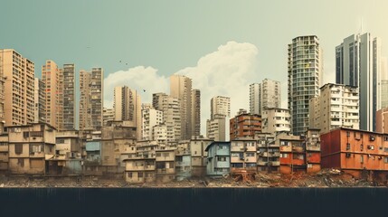 A stark contrast of impoverished neighborhoods overshadowed by towering skyscrapers, illustrating the widening gap between the rich and the poor. Generative AI