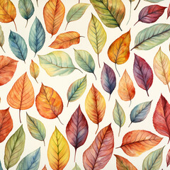  seamless pattern of colorful autumn leaves on a white background. The leaves are in different shades of red, yellow, orange, and brown