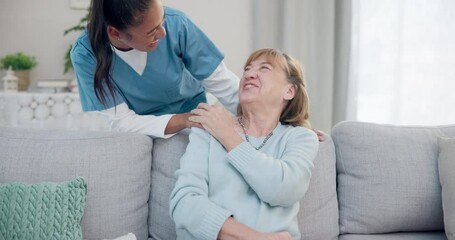 Caregiver, conversation and elderly woman laughing at funny discussion, senior care joke or health services. Retirement home, humour and healthcare nurse talking to relax patient, happy and bonding - Powered by Adobe