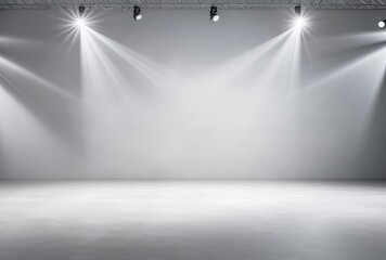 Empty Stage with Suspended Spotlights in a Smoky Theater Ambiance