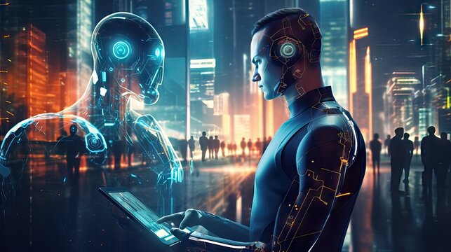 A futuristic depiction of a humanoid robot interfacing with technology. This reflects ongoing developments in AI, impacting industries from health to transportation. Generative AI