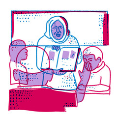Risograph technique illustration of an Arabic teacher holding a flashcard teaching a young student or pupil in an Islamic Muslim class done in retro riso effect digital screen printing style.
