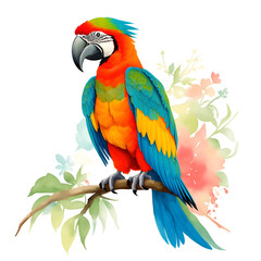 Macaw in cartoon style. Cute Little Cartoon Macaw parrot isolated on white background. Watercolor drawing, hand-drawn in watercolor. For children's books, for cards, Children's illustration