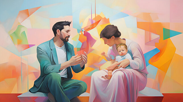 father in soft pastel shades, joyously lifting their child under a sky filled with colorful geometric shapes, Cubist style, painted on canvas