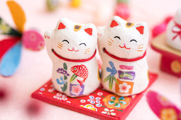 招き猫　日本の可愛い年賀状　正月素材　