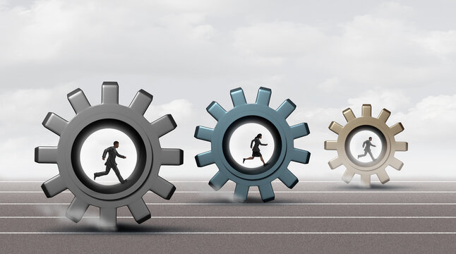 Business Competition as a corparate workers race as businesspeople racing as an Economic sprint with gears and cog wheels