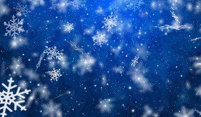 Fototapeta na wymiar 3D winter snow flakes particles falling on blue gradient background.