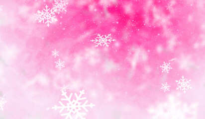 3D winter snow flakes particles falling on pink gradient background.