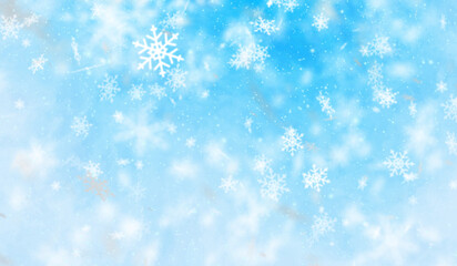 3D winter snow flakes particles falling on blue gradient background.