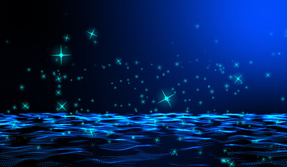 Digital technology abstract 3d blue light particles raining hits water waves on blue gradient background.