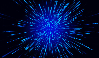 3D abstract digital technology blue light particles on blue background.