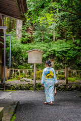 Fototapeta na wymiar Kyoto, Japan - April 8 2023 : Back view of one woman wearing Japanese yukata summer kimono in Kifune Shrine.