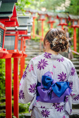 Naklejka premium Back view of one woman wearing Japanese yukata summer kimono in Kifune Shrine stairs gate, Kyoto, Japan.